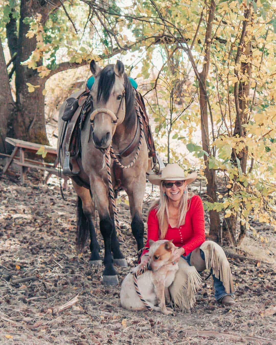 Theresa with buckskin horse and heeler dog