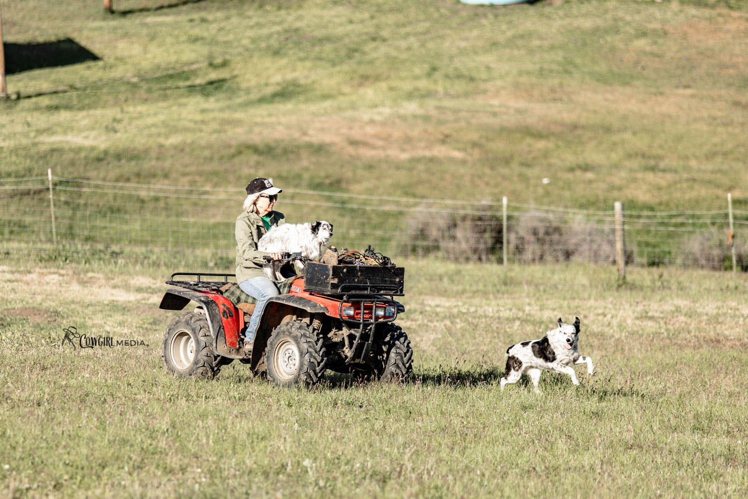 woman on 4 wheeler with her 2 dogs