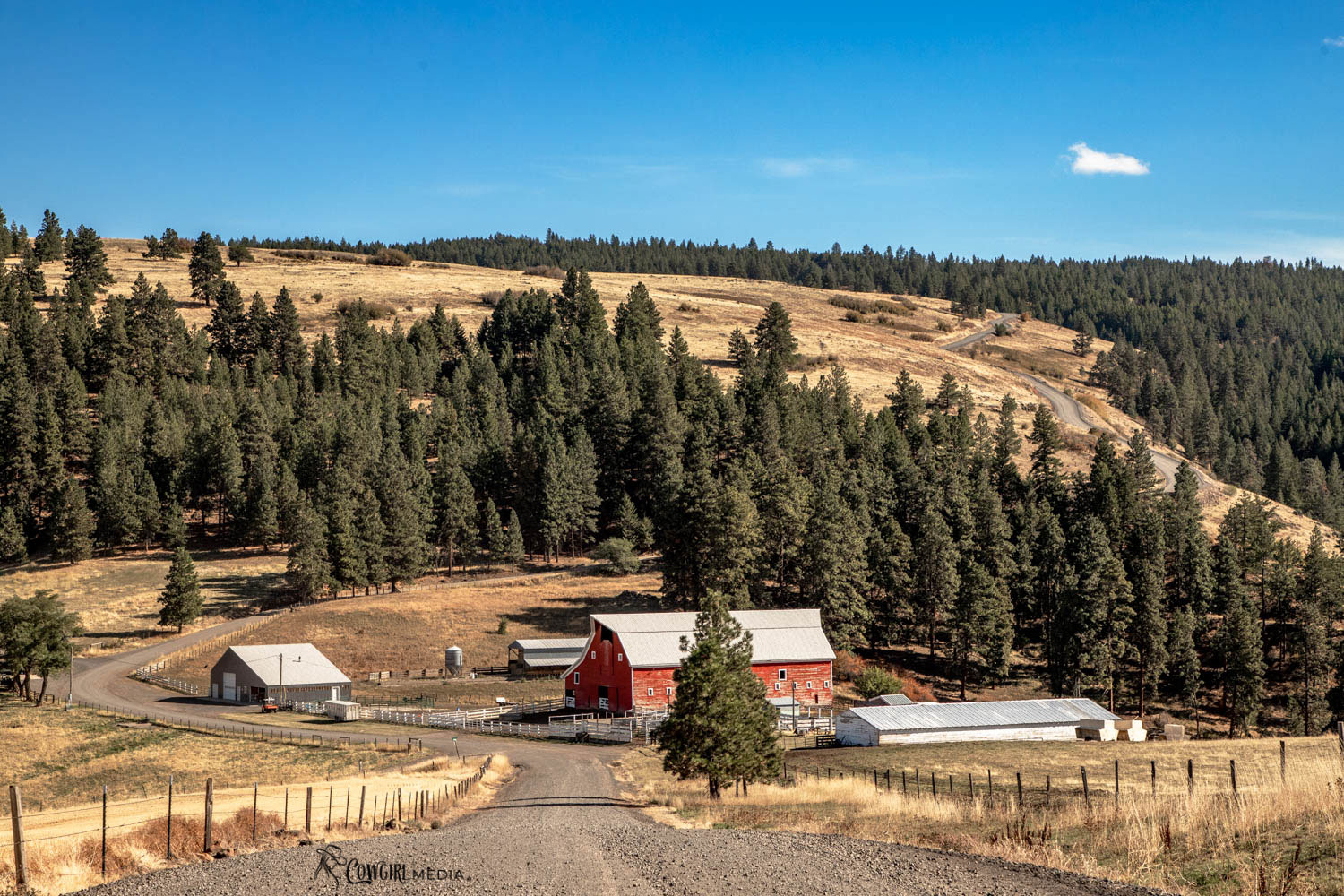 Family farm with red barn and white fencing