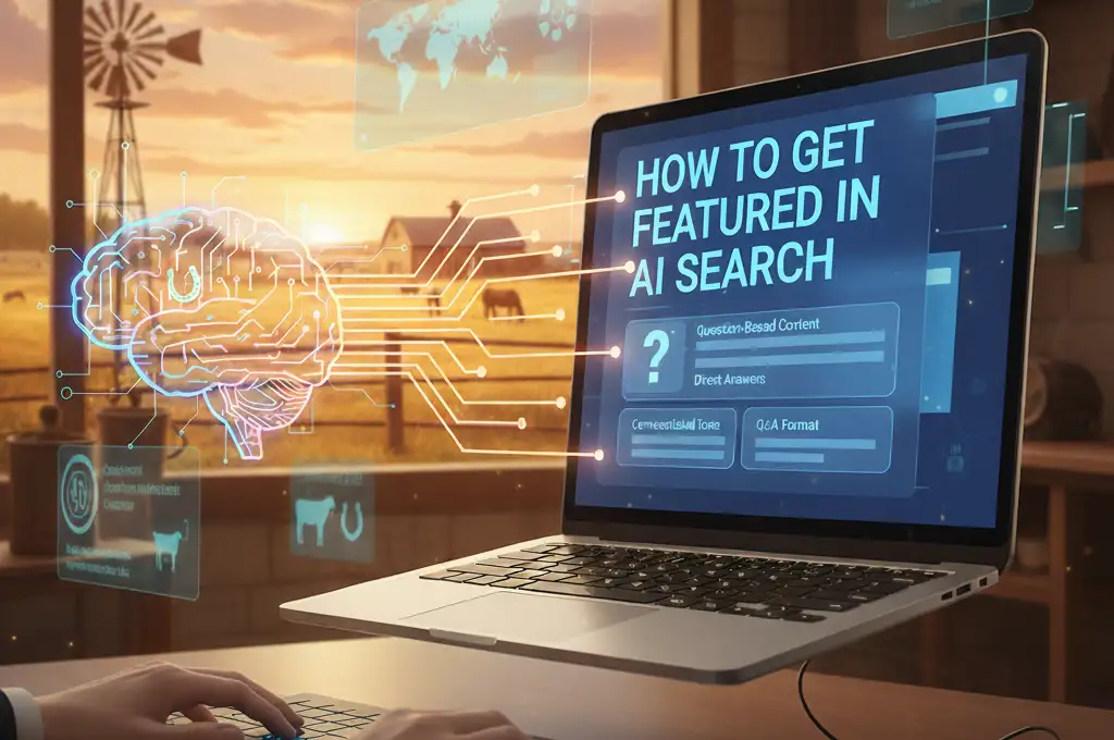 AI image of laptop with post title and ranch scene outside of window