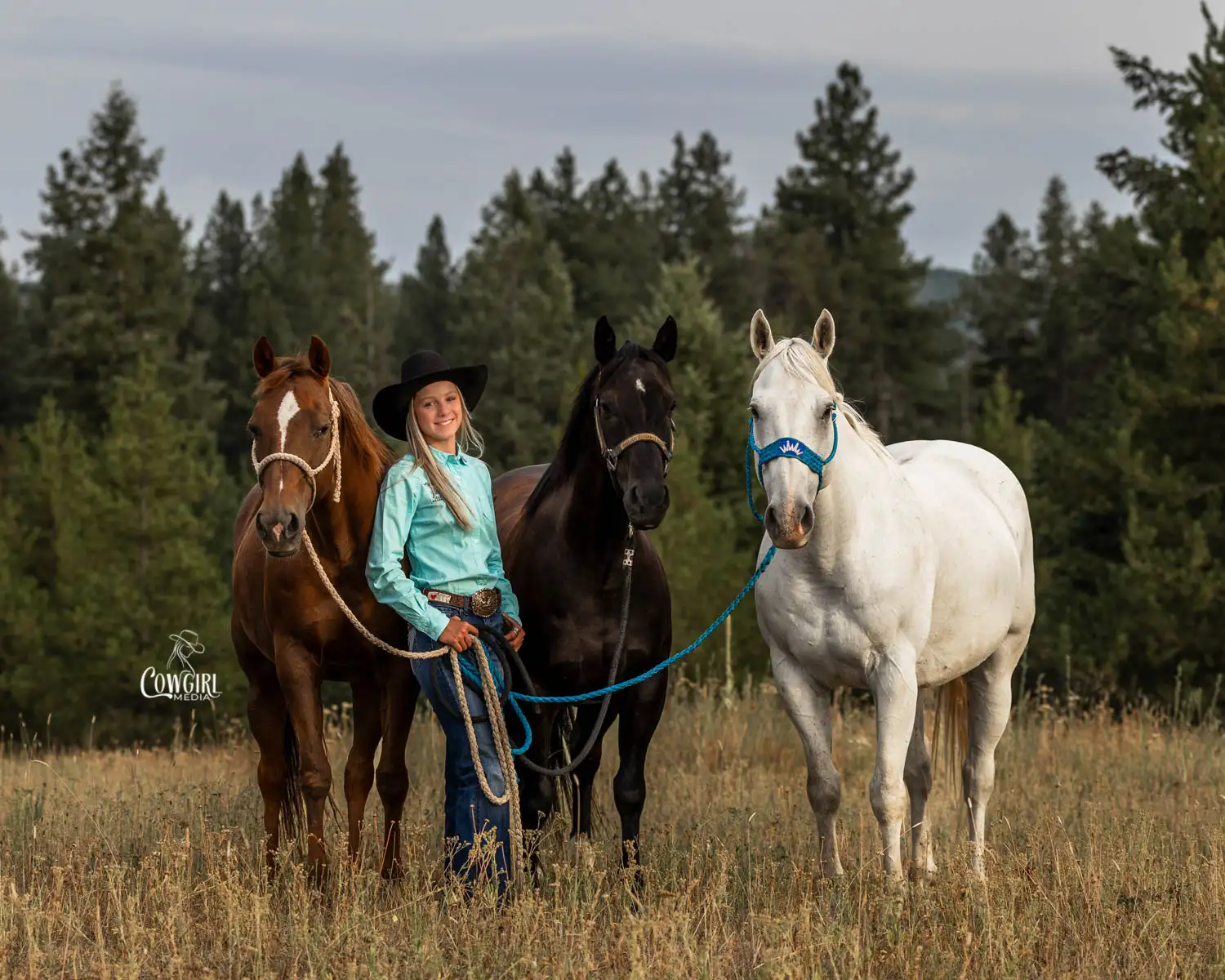 Teenage cowgirl with 3 horses standing in a field with pine trees in the background