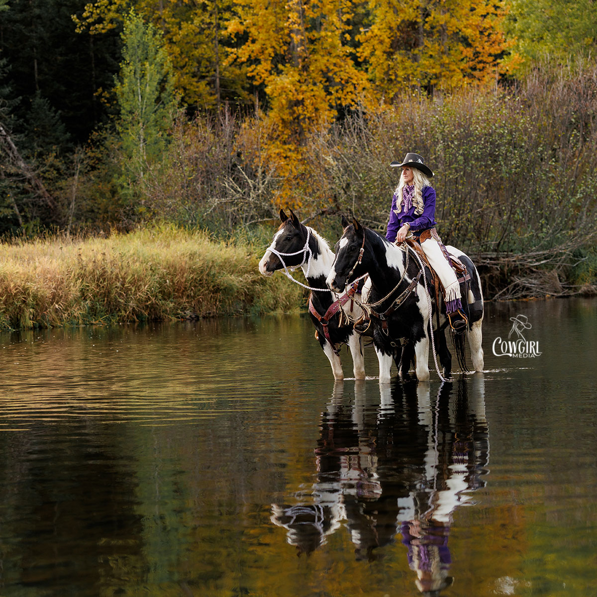 cowgirl with 2 paint horses standing in a river with fall foliage in the background