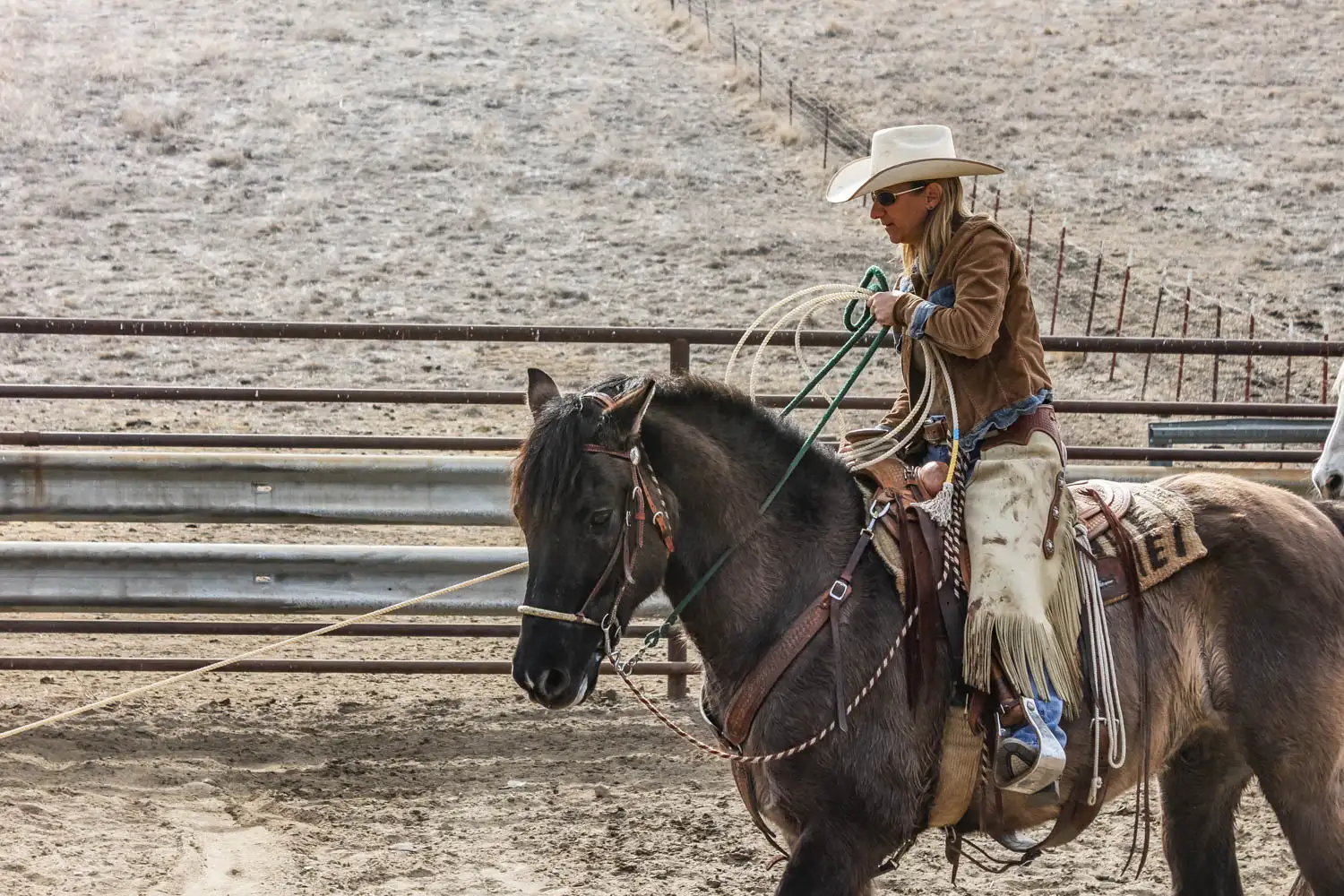 cowgirl holding a calf at the branding fire